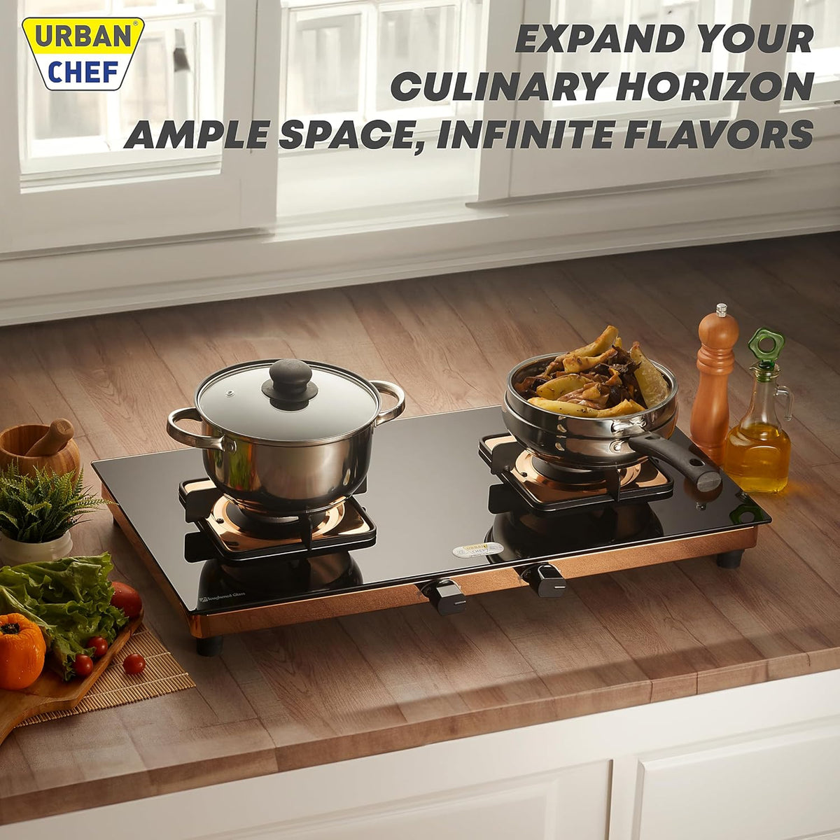Urban Chef Gas Stove 2 Burners Tempered Glass | ISI Certified 2 Burner Stove | Home & Kitchen Gas Chulha LPG & PNG Compatible | Brass Burner Manual Ignition Cooktops |Stove,360° Nozzle | Rose Gold PVD