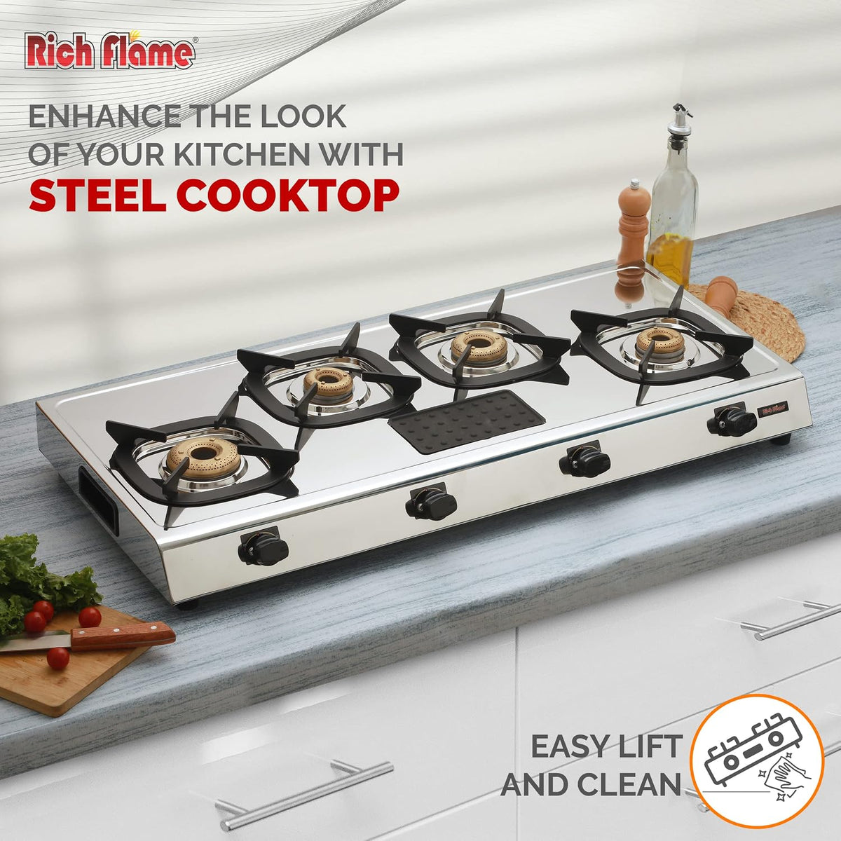 Rich Flame Gas Stove 4 Burners Steel Body | ISI Certified 4 Burner Stoves | Home & Kitchen Gas Chulha LPG & PNG Compatible | Manual Ignition Cooktops Stainless Steel Brass Burner | Quardo' Silicon