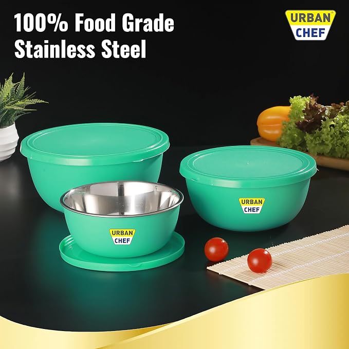 URBAN CHEF Mixing Bowl Set of 3 Stainless Steel (500ml, 800ml, 1250ml) | Microwave Safe & Dishwasher Safe | ISI Certified Bowls | Bowl Set With Lid | Serving Bowls | Blue