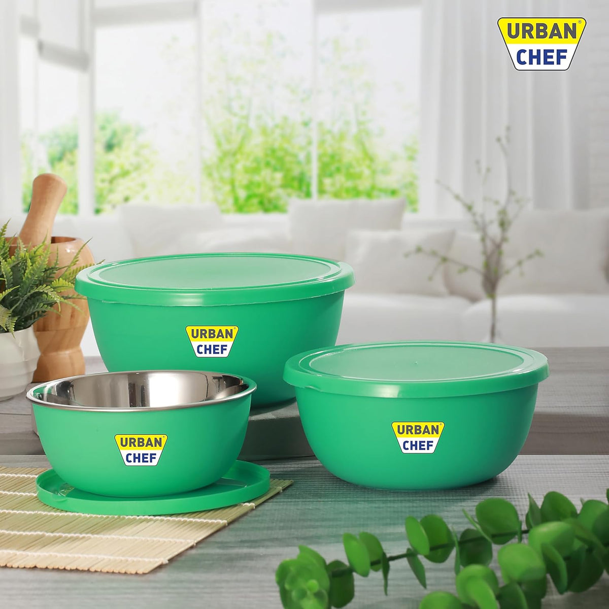 URBAN CHEF Mixing Bowl Set of 3 Stainless Steel (500ml, 800ml, 1250ml) | Microwave Safe & Dishwasher Safe | ISI Certified Bowls | Bowl Set With Lid | Serving Bowls | Blue