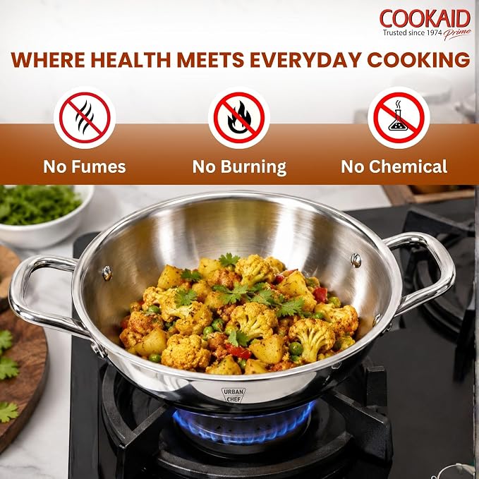Cookaid Triply Stainless Steel Kadhai 24cm with Lid | 3-Layer Triply Base | Stainless Steel Handles | Induction & Gas Compatible | Heavy Gauge | Rust-Proof | Mirror Finish | SS With Lid