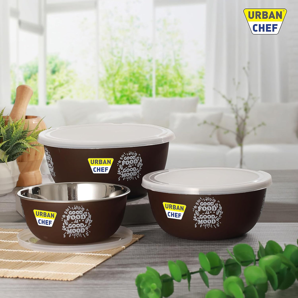 URBAN CHEF Mixing Bowl Set of 3 Stainless Steel (500ml, 800ml, 1250ml) | Microwave Safe & Dishwasher Safe | ISI Certified Bowls | Bowl Set With Lid | Serving Bowls | Blue
