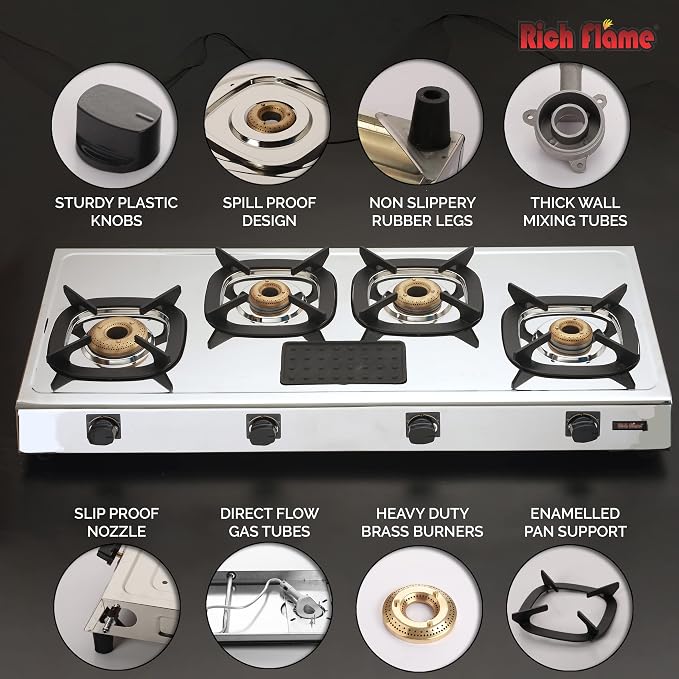 Rich Flame Gas Stove 4 Burners Steel Body | ISI Certified 4 Burner Stoves | Home & Kitchen Gas Chulha LPG & PNG Compatible | Manual Ignition Cooktops Stainless Steel Brass Burner | Quardo' Silicon