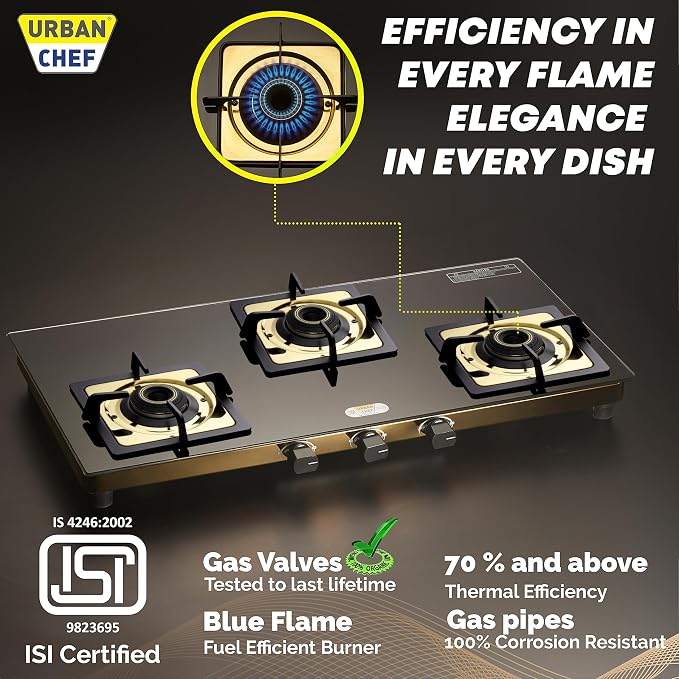 Urban Chef Gas Stove Tempered Glass | ISI Certified Stoves | Kitchen Gas Chulha LPG & PNG Compatible | Brass Burner Manual Ignition Cooktops | Glass Stove, 360° Nozzle-Gold PVD