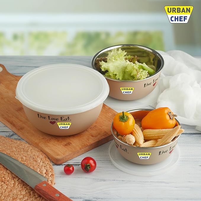 URBAN CHEF Mixing Bowl Set of 3 Stainless Steel (500ml, 800ml, 1250ml) | Microwave Safe & Dishwasher Safe | ISI Certified Bowls | Bowl Set With Lid | Serving Bowls | Blue