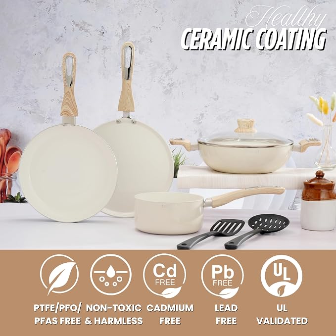 COOKAID Cookware Set Non Stick | 7 Pcs Set - Kadhai with Lid, Fry Pan, Saucepan & Dosa Tawa with 2Pcs Nylon Tool | ISI Certified | Gas & Induction Compatible | Velora - Cream