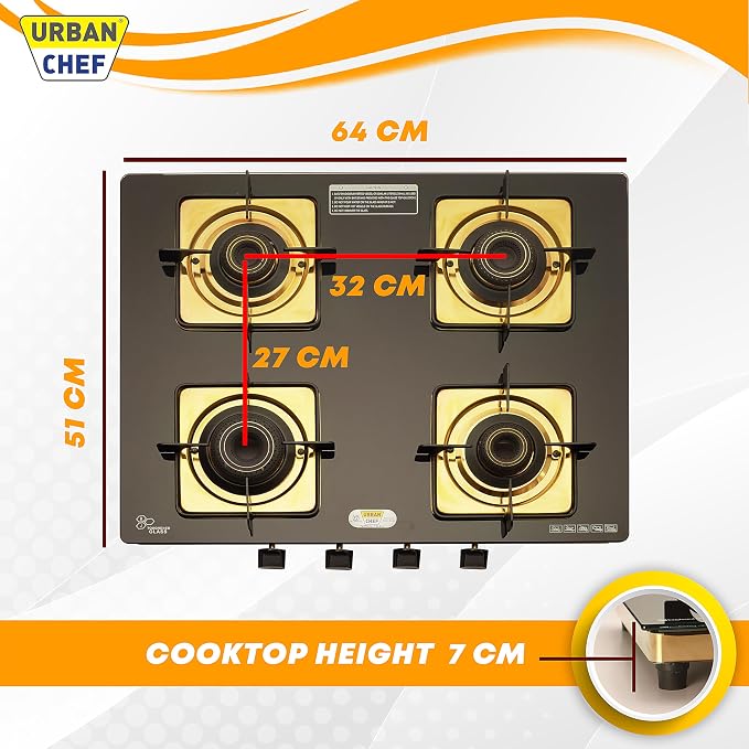 Urban Chef Gas Stove Tempered Glass | ISI Certified Stoves | Kitchen Gas Chulha LPG & PNG Compatible | Brass Burner Manual Ignition Cooktops | Glass Stove, 360° Nozzle-Gold PVD