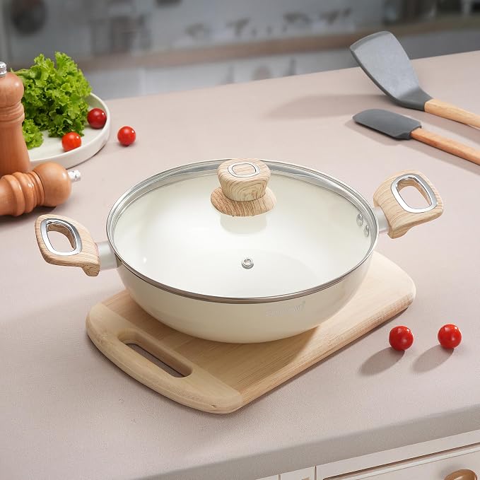 COOKAID Kadhai With Glass Lid 24cm 2.5 Litre | Velora Non Stick Ceramic Coating |  ISI Certified | Aluminium Body | Kitchen Cookware Kadai for Cooking Woks-Cream | Induction Stovetop Compatible