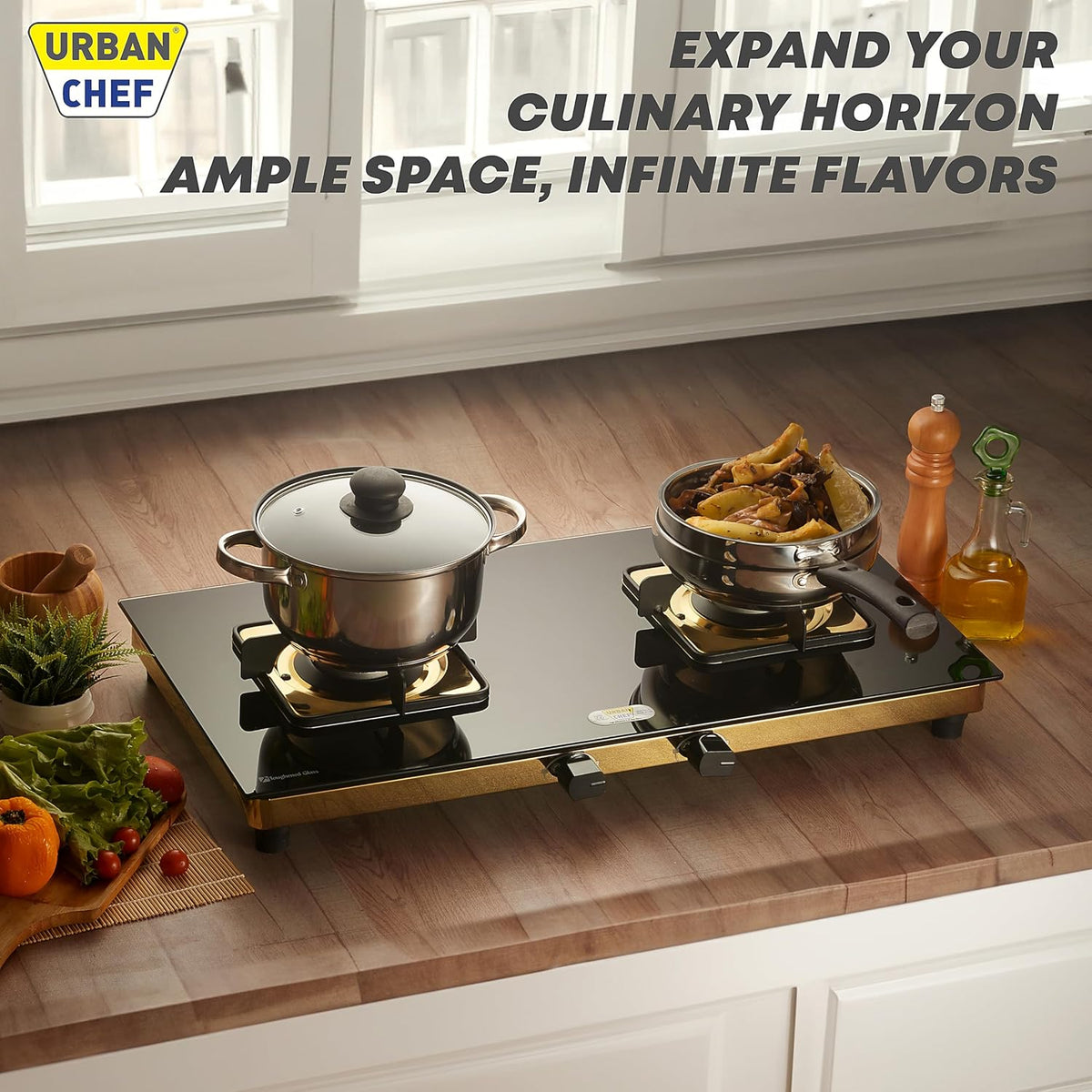 Urban Chef Gas Stove Tempered Glass | ISI Certified Stoves | Kitchen Gas Chulha LPG & PNG Compatible | Brass Burner Manual Ignition Cooktops | Glass Stove, 360° Nozzle-Gold PVD