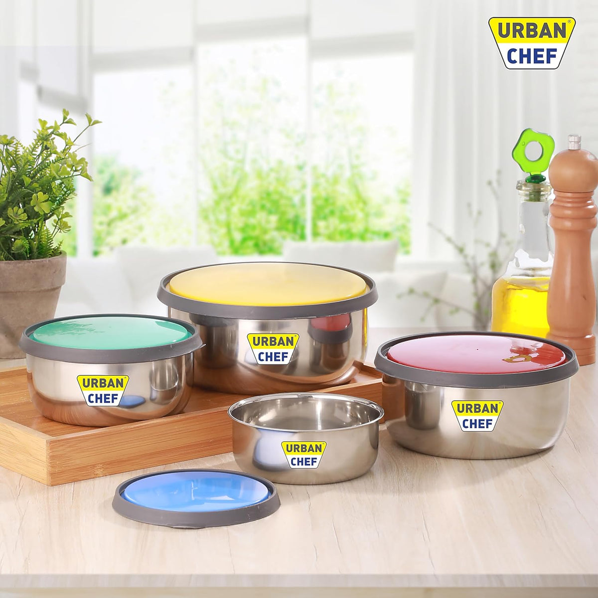 URBAN CHEF Fresca Stainless Steel Push & Lock Bowl Storage Set with Multi Colour Lid, 4-Pieces, 500 ml, 750 ml, 1150 ml, 1650 m