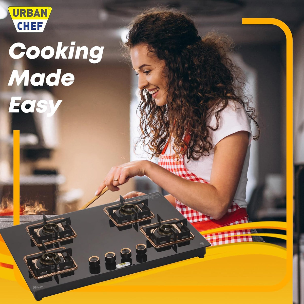 Urban Chef Gas Stove Glass Top | ISI Certified Stoves | Gas Chulha LPG & PNG | Brass Burner Auto Ignition Cooktops | Hob Top, Easy Grip Knobs Toughened Glass Stove,360° Nozzle