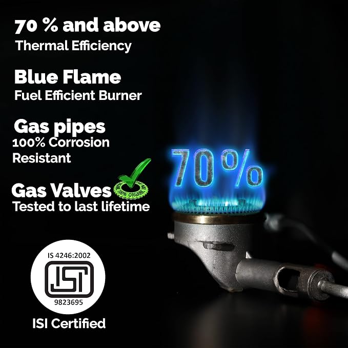 Rich Flame Gas Stove 4 Burners Steel Body | ISI Certified 4 Burner Stoves | Home & Kitchen Gas Chulha LPG & PNG Compatible | Manual Ignition Cooktops Stainless Steel Brass Burner | Quardo' Silicon
