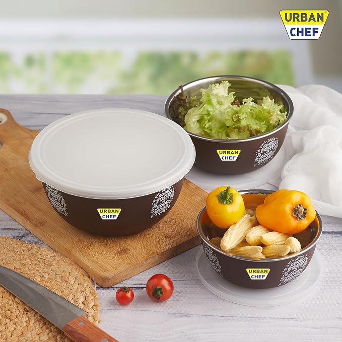 URBAN CHEF Mixing Bowl Set of 3 Stainless Steel (500ml, 800ml, 1250ml) | Microwave Safe & Dishwasher Safe | ISI Certified Bowls | Bowl Set With Lid | Serving Bowls | Blue