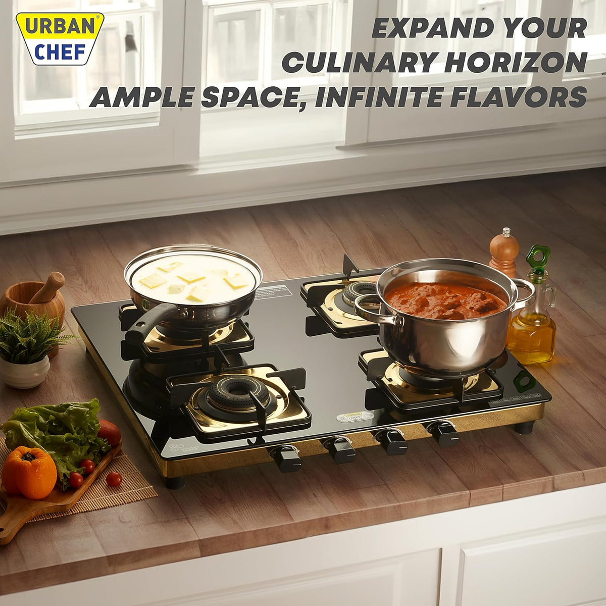 Urban Chef Gas Stove Tempered Glass | ISI Certified Stoves | Kitchen Gas Chulha LPG & PNG Compatible | Brass Burner Manual Ignition Cooktops | Glass Stove, 360° Nozzle-Gold PVD