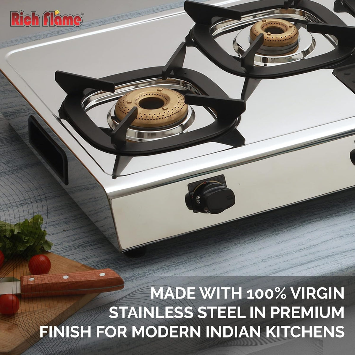 Rich Flame Gas Stove 4 Burners Steel Body | ISI Certified 4 Burner Stoves | Home & Kitchen Gas Chulha LPG & PNG Compatible | Manual Ignition Cooktops Stainless Steel Brass Burner | Quardo' Silicon