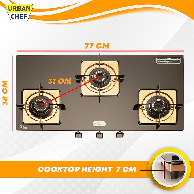 Urban Chef Gas Stove 3 Burners Glass Top | ISI Certified 3 Burner Stoves | Home & Kitchen Gas Chulha LPG & PNG Compatible | Brass Burner Manual Ignition Cooktops | Gas Stove, 360° Nozzle-Rose Gold PVD