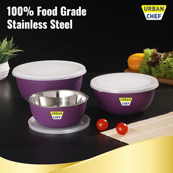 URBAN CHEF Mixing Bowl Set of 3 Stainless Steel (500ml, 800ml, 1250ml) | Microwave Safe & Dishwasher Safe | ISI Certified Bowls | Bowl Set With Lid | Serving Bowls | Blue