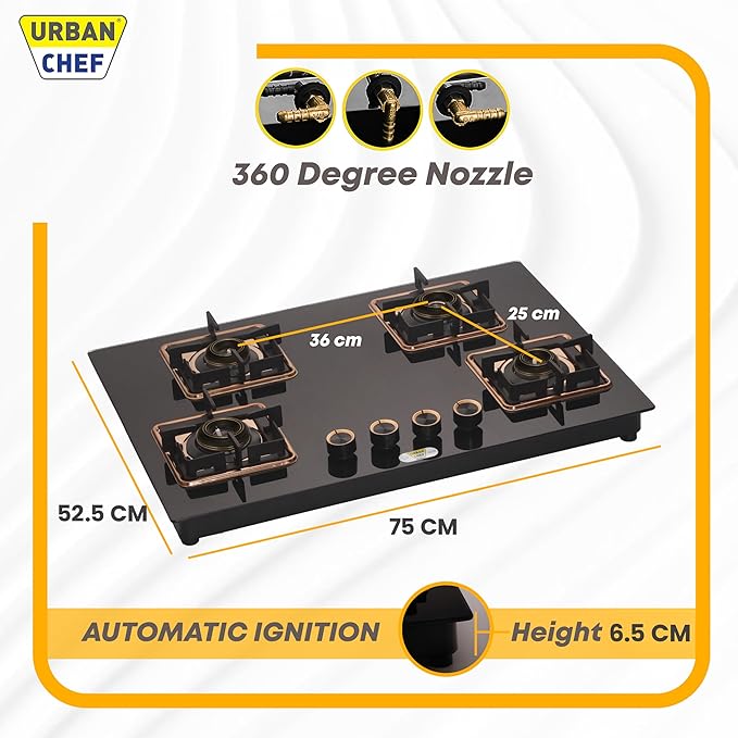 Urban Chef Gas Stove Glass Top | ISI Certified Stoves | Gas Chulha LPG & PNG | Brass Burner Auto Ignition Cooktops | Hob Top, Easy Grip Knobs Toughened Glass Stove,360° Nozzle