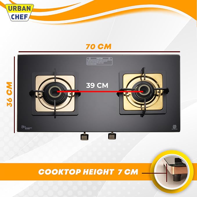 Urban Chef Gas Stove Tempered Glass | ISI Certified Stoves | Kitchen Gas Chulha LPG & PNG Compatible | Brass Burner Manual Ignition Cooktops | Glass Stove, 360° Nozzle-Gold PVD