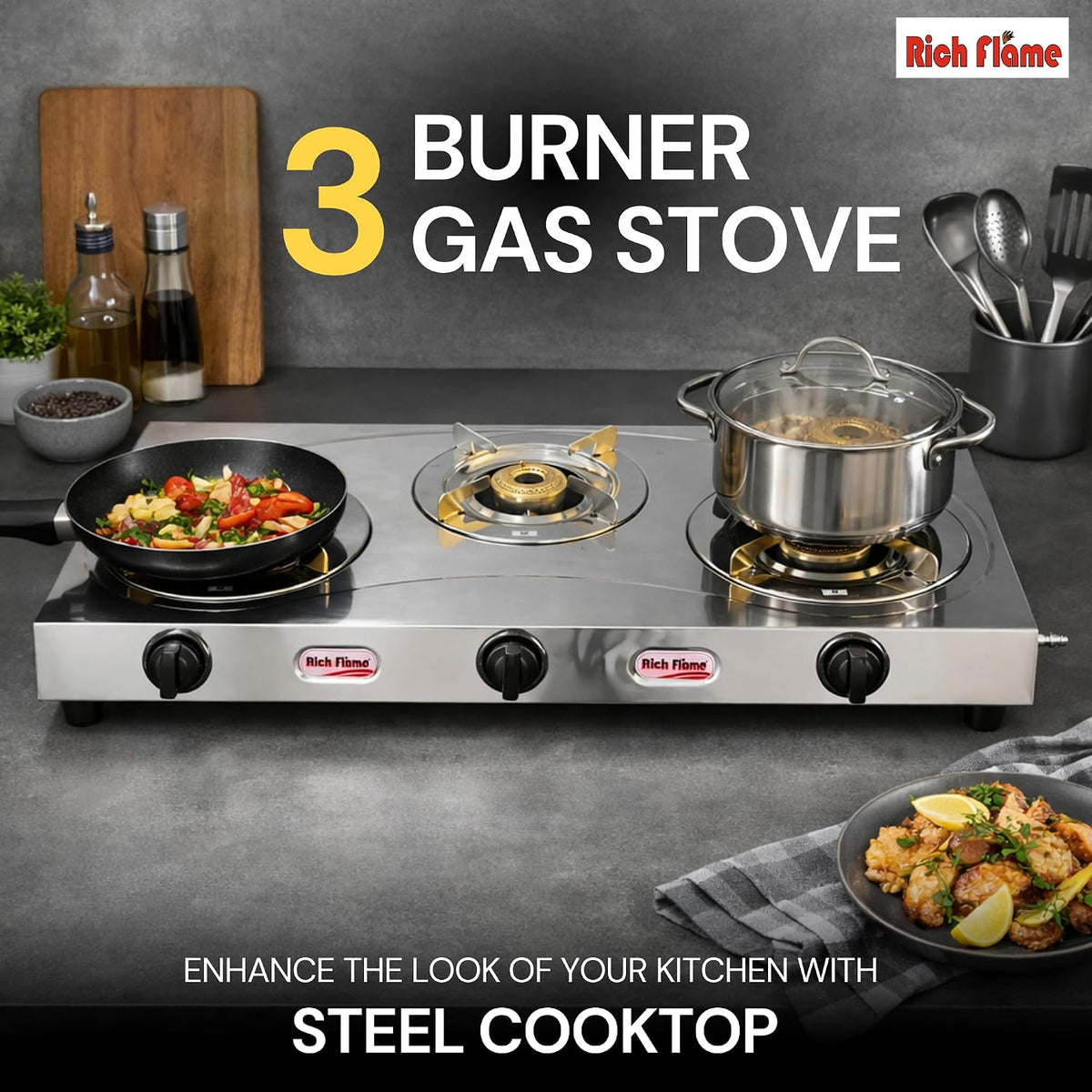 Rich Flame Gas Stove 3 Burners Steel Body | ISI Certified 3 Burner Stoves | Home & Kitchen Gas Chulha LPG & PNG Compatible | Manual Ignition Cooktops Stainless Steel Burner -Spark Vs2