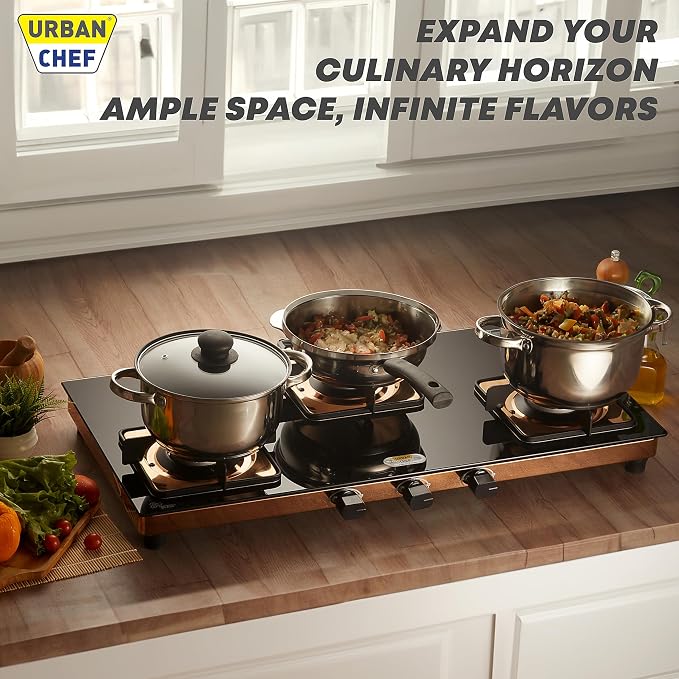 Urban Chef Gas Stove 3 Burners Glass Top | ISI Certified 3 Burner Stoves | Home & Kitchen Gas Chulha LPG & PNG Compatible | Brass Burner Manual Ignition Cooktops | Gas Stove, 360° Nozzle-Rose Gold PVD