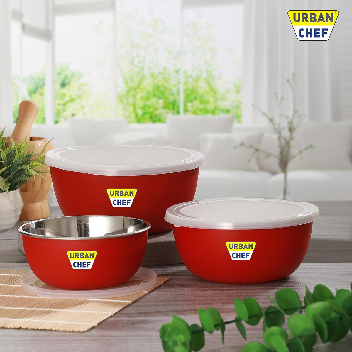 URBAN CHEF Mixing Bowl Set of 3 Stainless Steel (500ml, 800ml, 1250ml) | Microwave Safe & Dishwasher Safe | ISI Certified Bowls | Bowl Set With Lid | Serving Bowls | Blue