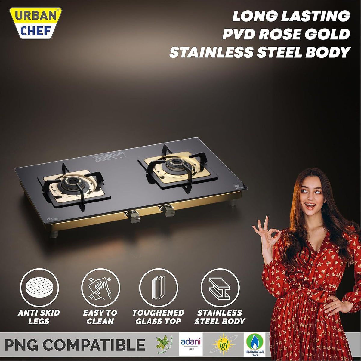 Urban Chef Gas Stove Tempered Glass | ISI Certified Stoves | Kitchen Gas Chulha LPG & PNG Compatible | Brass Burner Manual Ignition Cooktops | Glass Stove, 360° Nozzle-Gold PVD