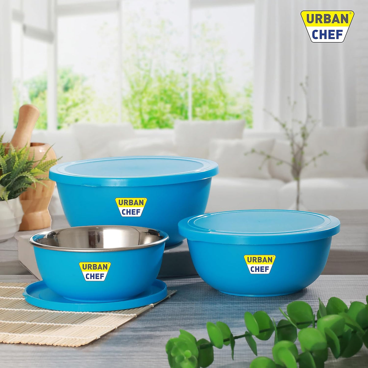 URBAN CHEF Mixing Bowl Set of 3 Stainless Steel (500ml, 800ml, 1250ml) | Microwave Safe & Dishwasher Safe | ISI Certified Bowls | Bowl Set With Lid | Serving Bowls | Blue