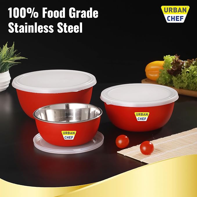 URBAN CHEF Mixing Bowl Set of 3 Stainless Steel (500ml, 800ml, 1250ml) | Microwave Safe & Dishwasher Safe | ISI Certified Bowls | Bowl Set With Lid | Serving Bowls | Blue