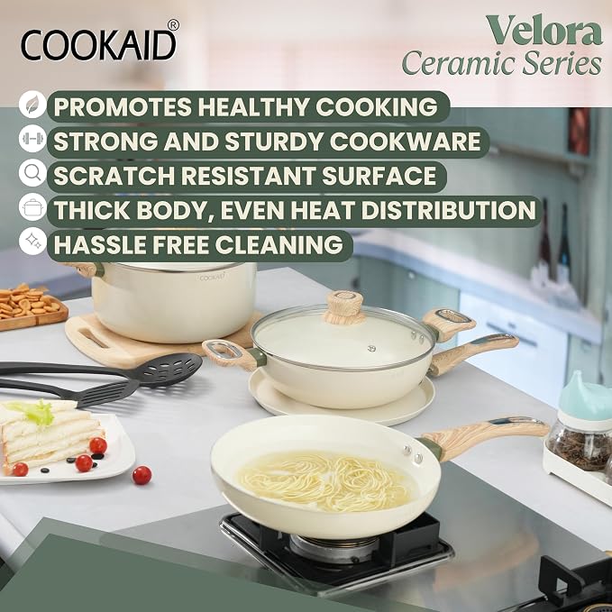 COOKAID Cookware Set Non Stick | 11Pcs Set - Kadhai & Casserole with Lid, 2Fry Pan, Toasting Pan, Saucepan & Dosa Tawa with 2Pcs Nylon Tool | Gas & Induction Compatible (Black, Cookware 11 pcs)