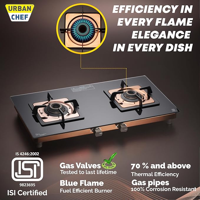 Urban Chef Gas Stove 2 Burners Tempered Glass | ISI Certified 2 Burner Stove | Home & Kitchen Gas Chulha LPG & PNG Compatible | Brass Burner Manual Ignition Cooktops |Stove,360° Nozzle | Rose Gold PVD