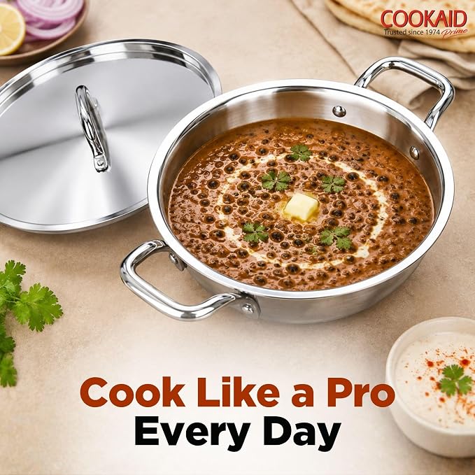 Cookaid Triply Stainless Steel Kadhai 24cm with Lid | 3-Layer Triply Base | Stainless Steel Handles | Induction & Gas Compatible | Heavy Gauge | Rust-Proof | Mirror Finish | SS With Lid