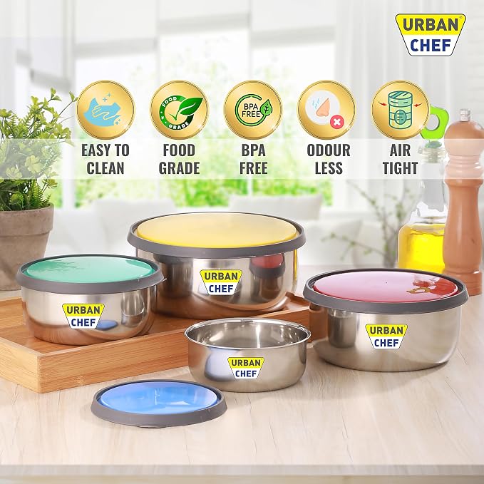 URBAN CHEF Fresca Stainless Steel Push & Lock Bowl Storage Set with Multi Colour Lid, 4-Pieces, 500 ml, 750 ml, 1150 ml, 1650 m