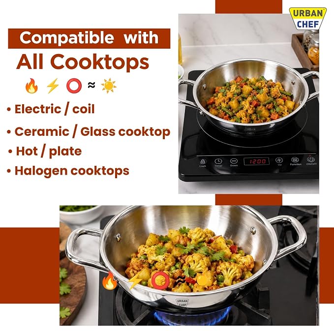 URBAN CHEF Triply Stainless Steel Kadhai with Lid 24cm | 3-Layer Triply Base | Stainless Steel Handles | Induction & Gas Compatible | Deep Frying kadai | Rust-Proof | Mirror Finish