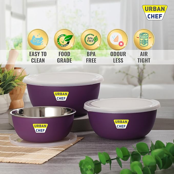 URBAN CHEF Mixing Bowl Set of 3 Stainless Steel (500ml, 800ml, 1250ml) | Microwave Safe & Dishwasher Safe | ISI Certified Bowls | Bowl Set With Lid | Serving Bowls | Blue