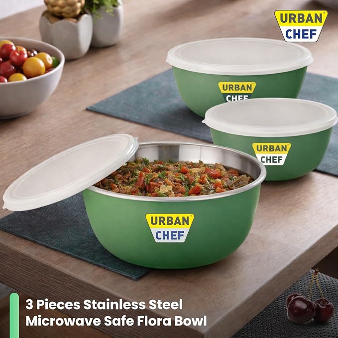 URBAN CHEF Mixing Bowl Set of 3 Stainless Steel (500ml, 800ml, 1250ml) | Microwave Safe & Dishwasher Safe | ISI Certified Bowls | Bowl Set With Lid | Serving Bowls | Blue