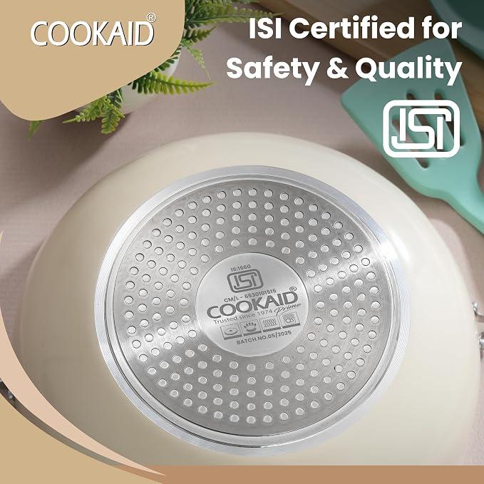 COOKAID Cookware Set Non Stick | 7 Pcs Set - Kadhai with Lid, Fry Pan, Saucepan & Dosa Tawa with 2Pcs Nylon Tool | ISI Certified | Gas & Induction Compatible | Velora - Cream