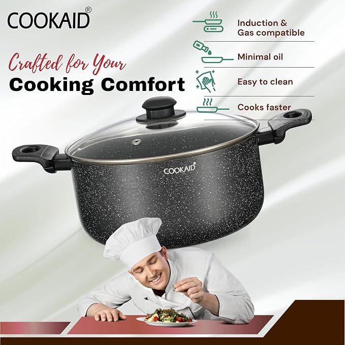 COOKAID Cookware Set Non Stick | 11Pcs Set - Kadhai & Casserole with Lid, 2Fry Pan, Toasting Pan, Saucepan & Dosa Tawa with 2Pcs Nylon Tool | Gas & Induction Compatible (Black, Cookware 11 pcs)