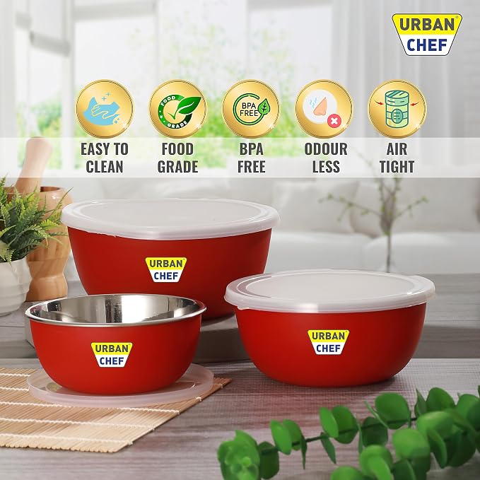 URBAN CHEF Mixing Bowl Set of 3 Stainless Steel (500ml, 800ml, 1250ml) | Microwave Safe & Dishwasher Safe | ISI Certified Bowls | Bowl Set With Lid | Serving Bowls | Blue