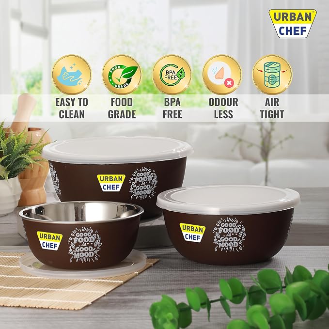 URBAN CHEF Mixing Bowl Set of 3 Stainless Steel (500ml, 800ml, 1250ml) | Microwave Safe & Dishwasher Safe | ISI Certified Bowls | Bowl Set With Lid | Serving Bowls | Blue
