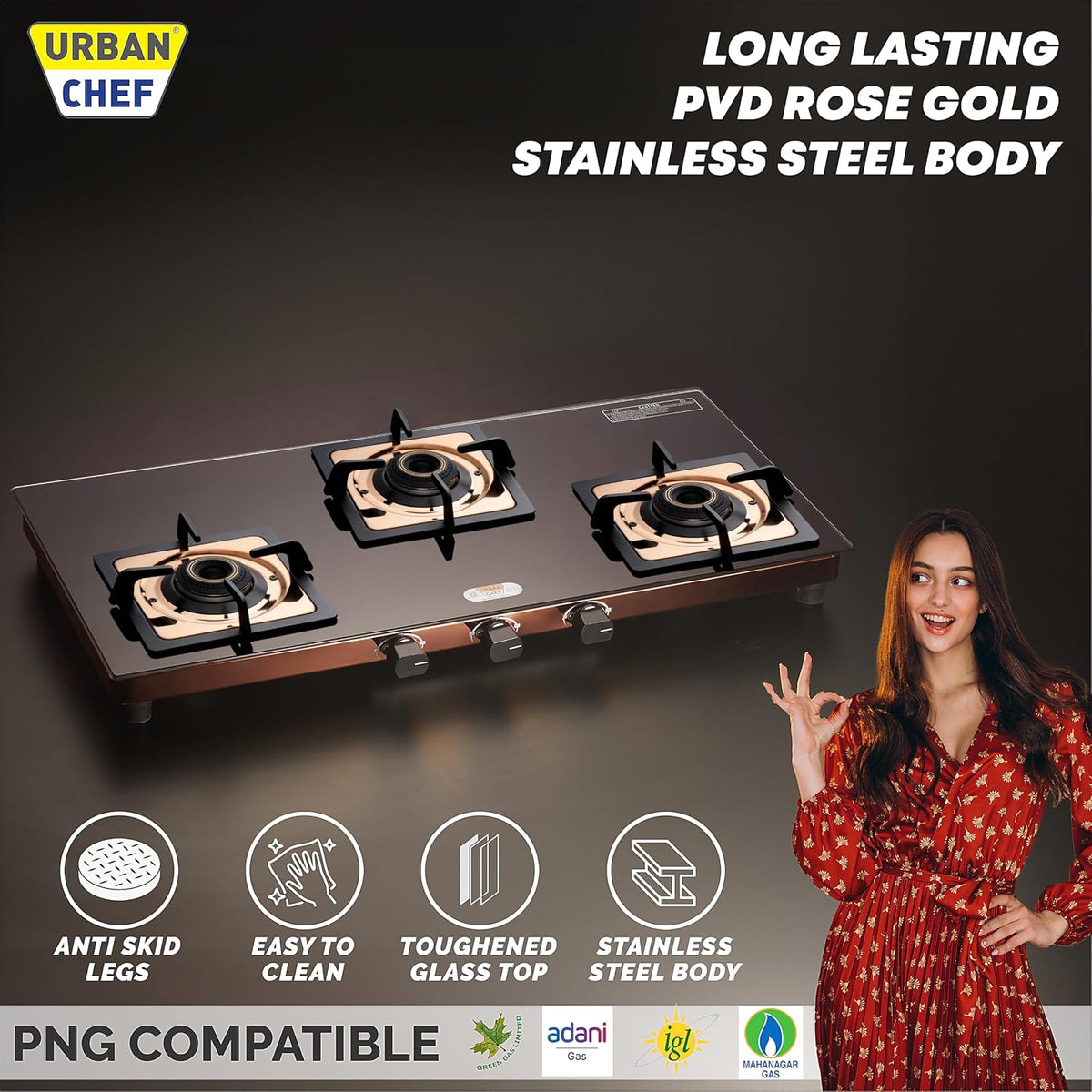 Urban Chef Gas Stove 3 Burners Glass Top | ISI Certified 3 Burner Stoves | Home & Kitchen Gas Chulha LPG & PNG Compatible | Brass Burner Manual Ignition Cooktops | Gas Stove, 360° Nozzle-Rose Gold PVD