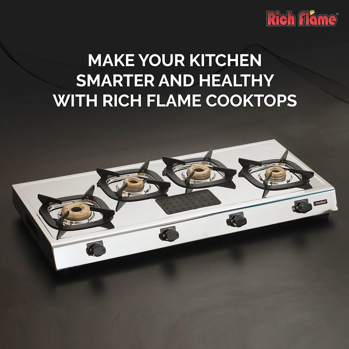 Rich Flame Gas Stove 4 Burners Steel Body | ISI Certified 4 Burner Stoves | Home & Kitchen Gas Chulha LPG & PNG Compatible | Manual Ignition Cooktops Stainless Steel Brass Burner | Quardo' Silicon