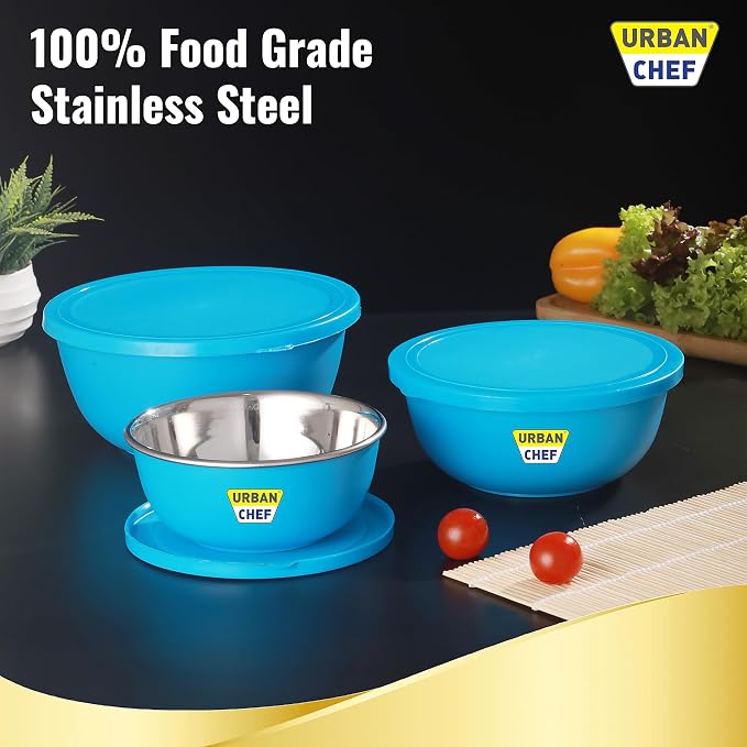 URBAN CHEF Mixing Bowl Set of 3 Stainless Steel (500ml, 800ml, 1250ml) | Microwave Safe & Dishwasher Safe | ISI Certified Bowls | Bowl Set With Lid | Serving Bowls | Blue