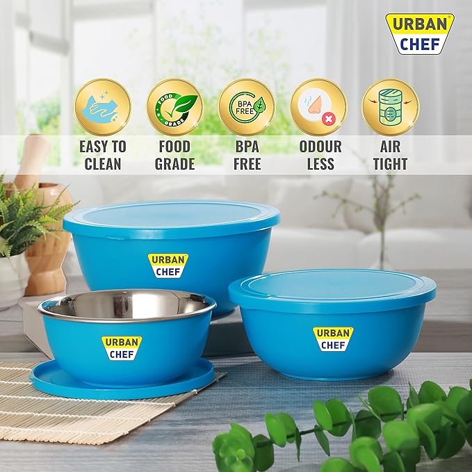 URBAN CHEF Mixing Bowl Set of 3 Stainless Steel (500ml, 800ml, 1250ml) | Microwave Safe & Dishwasher Safe | ISI Certified Bowls | Bowl Set With Lid | Serving Bowls | Blue