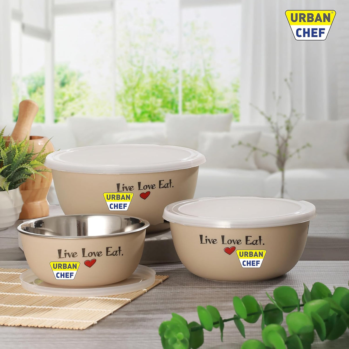 URBAN CHEF Mixing Bowl Set of 3 Stainless Steel (500ml, 800ml, 1250ml) | Microwave Safe & Dishwasher Safe | ISI Certified Bowls | Bowl Set With Lid | Serving Bowls | Blue