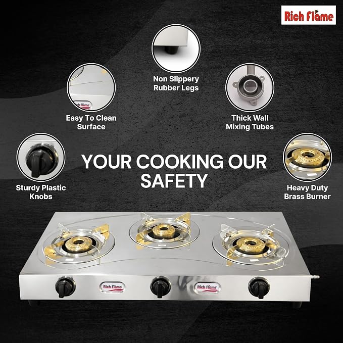 Rich Flame Gas Stove 3 Burners Steel Body | ISI Certified 3 Burner Stoves | Home & Kitchen Gas Chulha LPG & PNG Compatible | Manual Ignition Cooktops Stainless Steel Burner -Spark Vs2