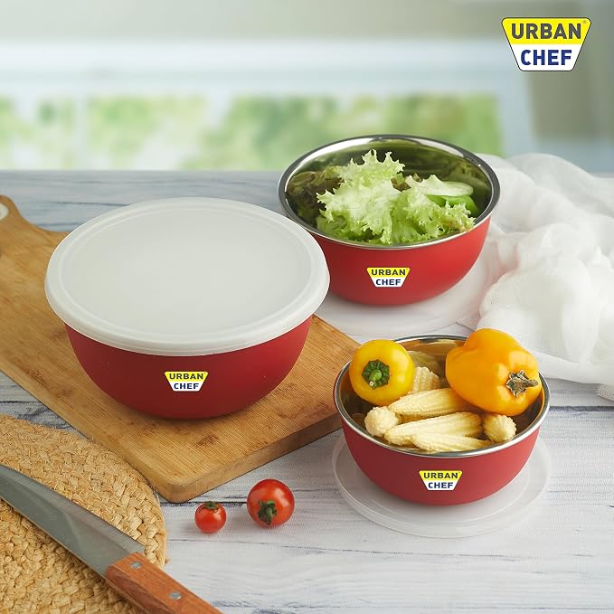 URBAN CHEF Mixing Bowl Set of 3 Stainless Steel (500ml, 800ml, 1250ml) | Microwave Safe & Dishwasher Safe | ISI Certified Bowls | Bowl Set With Lid | Serving Bowls | Blue