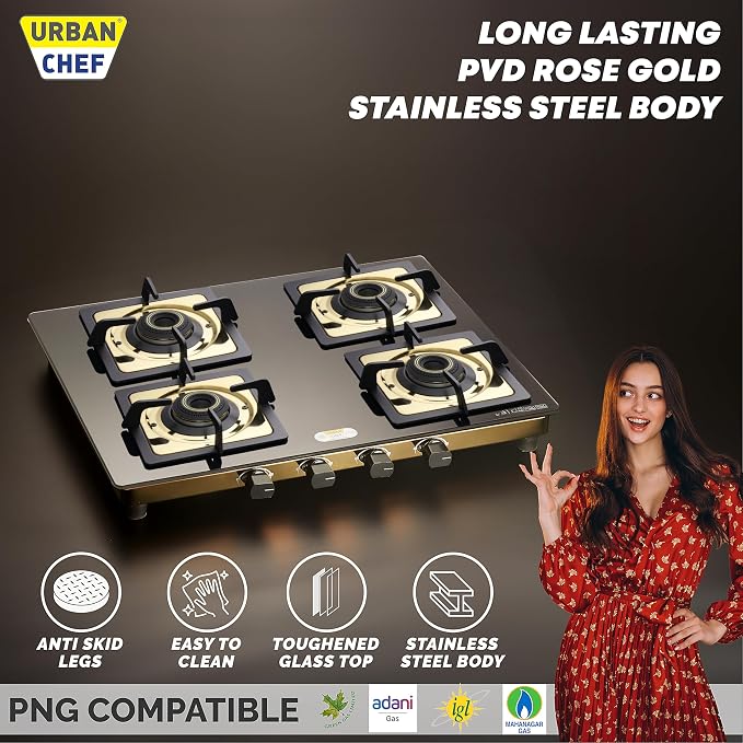 Urban Chef Gas Stove Tempered Glass | ISI Certified Stoves | Kitchen Gas Chulha LPG & PNG Compatible | Brass Burner Manual Ignition Cooktops | Glass Stove, 360° Nozzle-Gold PVD