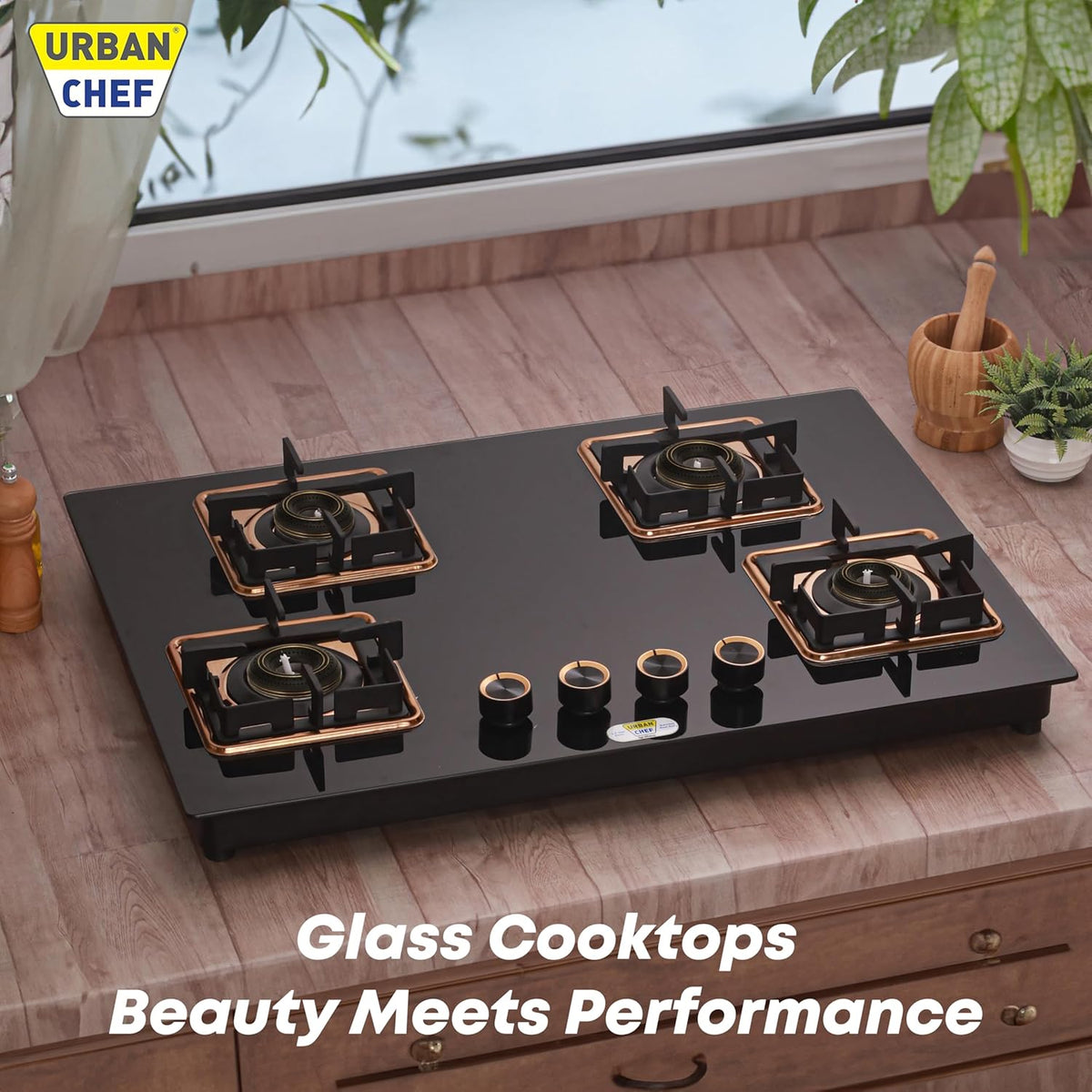 Urban Chef Gas Stove Glass Top | ISI Certified Stoves | Gas Chulha LPG & PNG | Brass Burner Auto Ignition Cooktops | Hob Top, Easy Grip Knobs Toughened Glass Stove,360° Nozzle