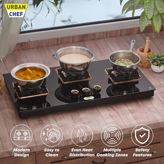 Urban Chef Gas Stove Glass Top | ISI Certified Stoves | Gas Chulha LPG & PNG | Brass Burner Auto Ignition Cooktops | Hob Top, Easy Grip Knobs Toughened Glass Stove,360° Nozzle
